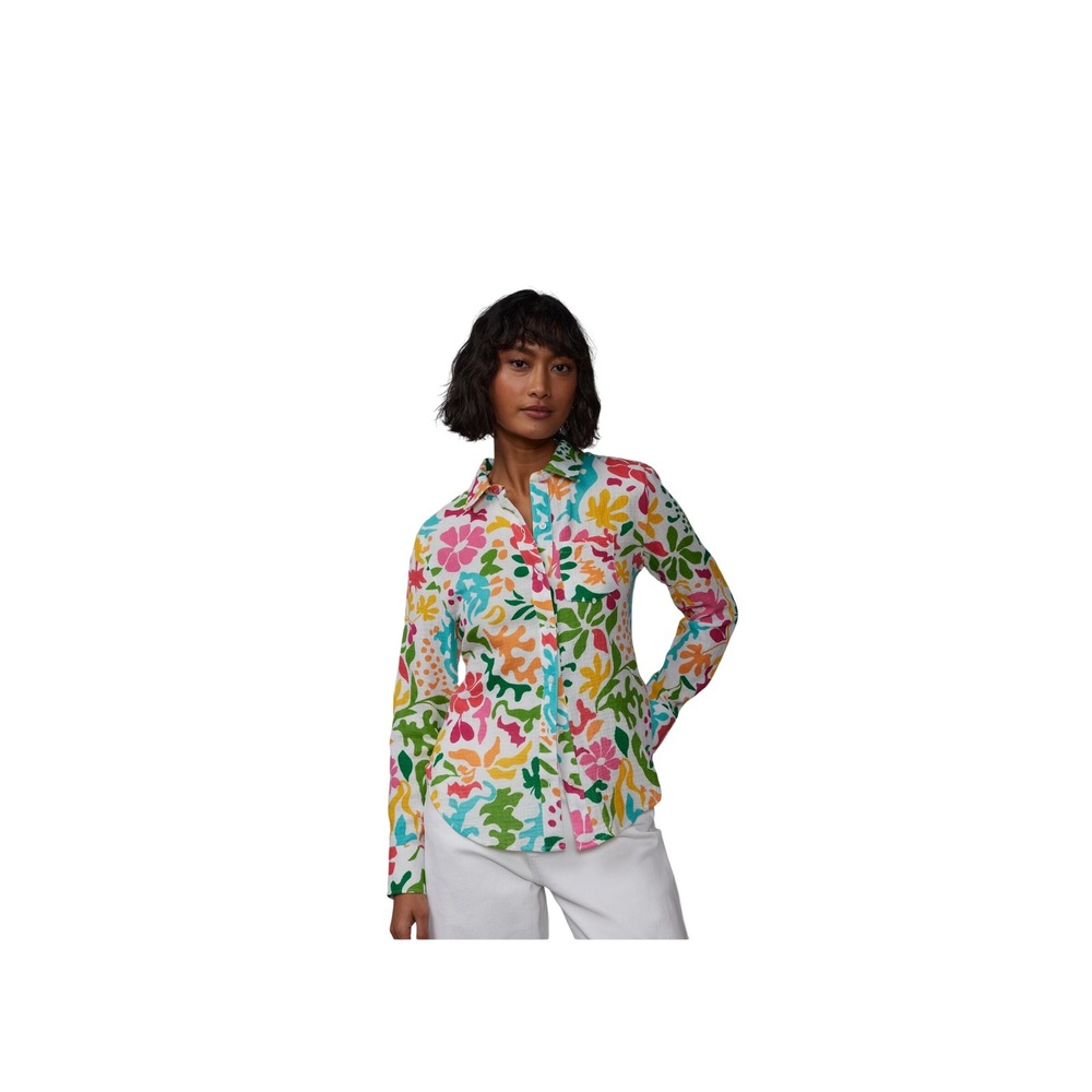 NY&C Floral Print Button-Up Long‎ Sleeve Colorful Shirt Top size Small